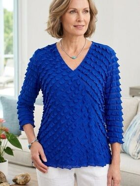 Draper's & Damon's Petite M Royal Blue Ruffle Mesh Chevron Blouse Top PM